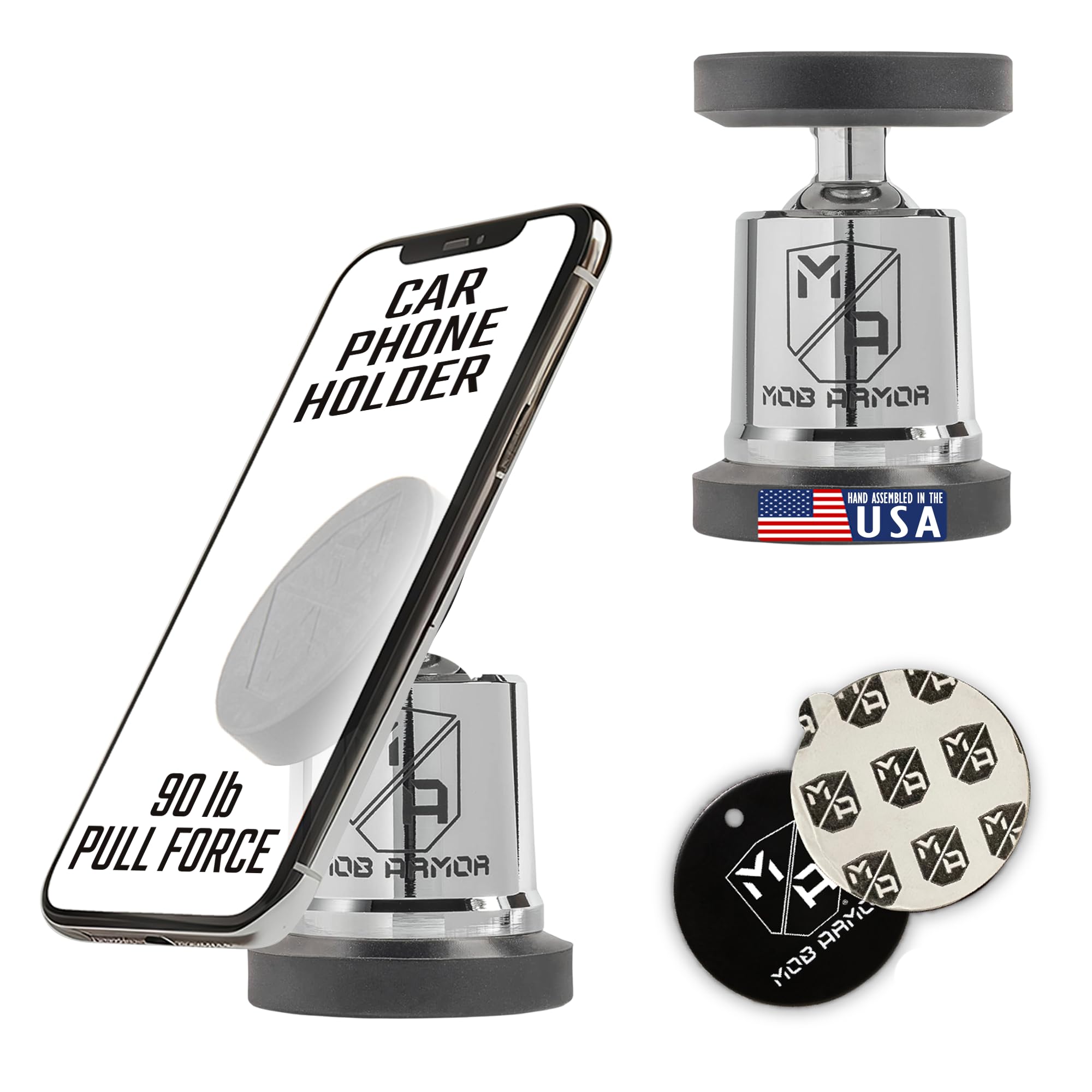 Mob Armor MobNetic Maxx - USA Assembled Magnetic Phone Holder for Car, Magnetic Car Phone Mount, 90-Degree Tilt, 360-Degree Rotation, Aluminum Metal, Compatible with iPhone & Android - Chrome