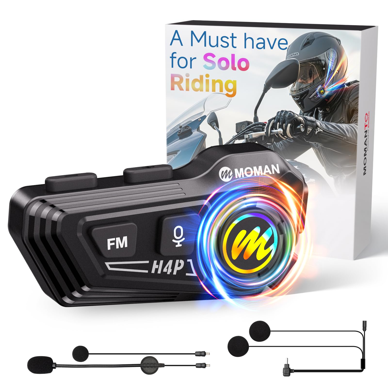 Moman Motorcycle Helmet Speakers-1000mAh Strong Battery, RS-H4P Motorbike Helmet Headset Dual Noise Reduction with Hi-Fi Soft/Hard Mic/IPX6/RGB/FM/Music Control/AI Voice/Headphone for Solo Riding