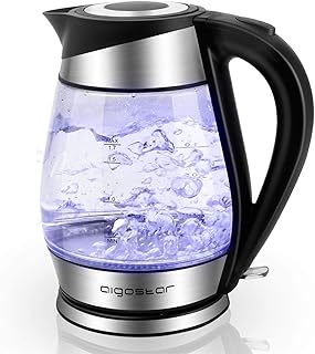 Aigostar Verdicktes High-Bor Glas Wasserkocher mit LED-Beleuchtung, 1.7 Liter Edelstahl Glaswasserkocher, 2200 Watt, Trockenlaufschutz, BPA frei.