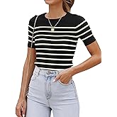 ZESICA Women's Short Sleeve Crewneck Striped T Shirt 2026 Summer Ribbed Knit Slim Fit Casual Basic Tee Tops