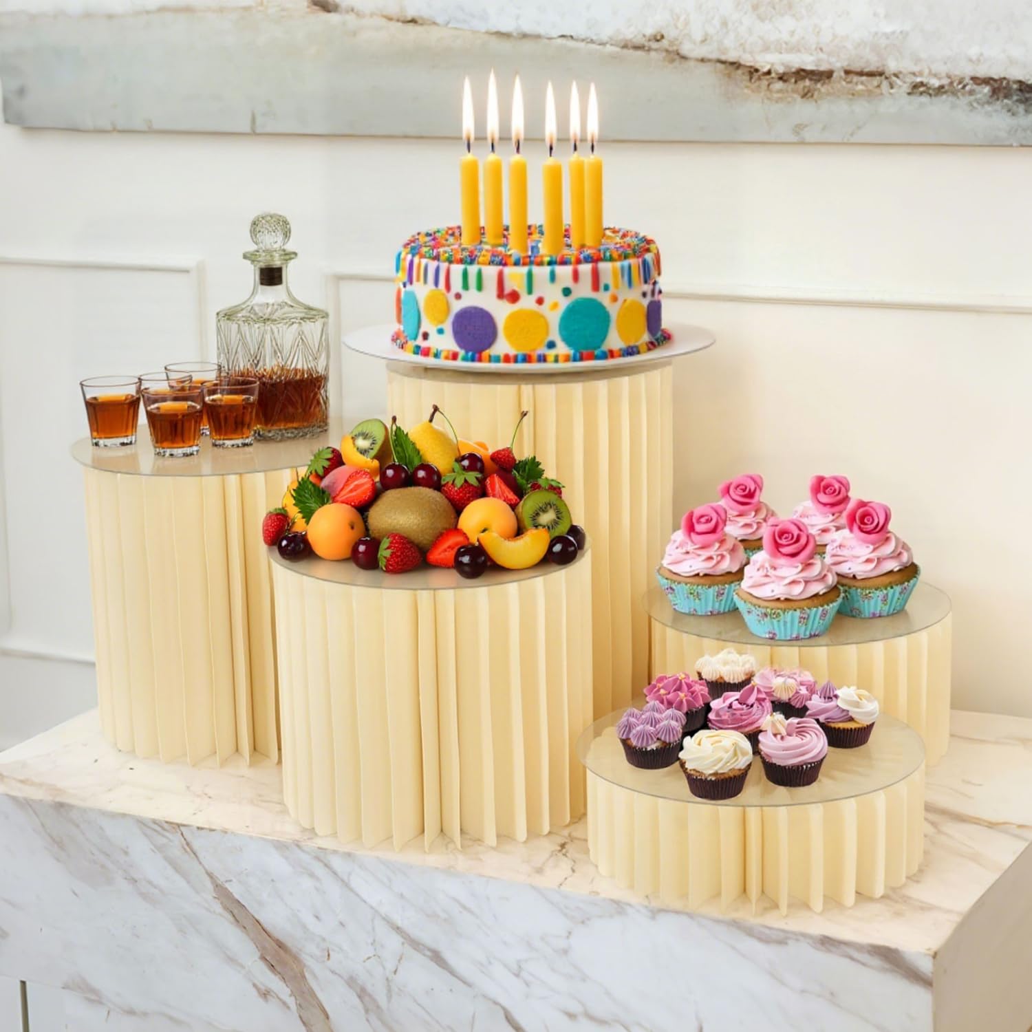 Photo 1 of 5PCS Buffet Risers, Cylinder Stands for Party with Acrylic Plates, Foldable Food Display Risers, Food Risers for Buffet Table, Weddings, Baby Showers, Birthday, Events Centerpieces Decor (3.9"+5.9"+9.8"+11.8"+15.7")