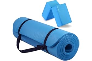 Fitvids All Purpose 1/2-Inch Extra Thick High Density Anti-Tear Exercise Yoga Mat with Carrying Strap and Yoga Blocks, Multiple Colors