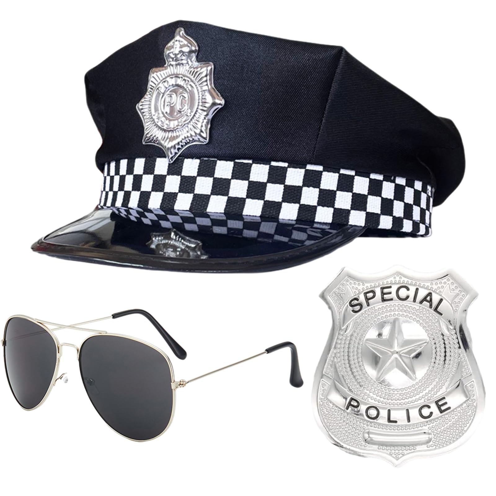 SKHAOVS 3 Pieces Police Fancy Dress Set Police Costume Police Pretend Play Accessories with Police Hat Sunglasses Dog Tag for Adults Cosplay Dress up Halloween Theme Party Role Play(3 Pcs)