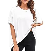 Falechay Womens Tops Crewneck Batwing Short Sleeve Shirts Ribbed Striped Casual Tee Women Oversized Loose Fit Trendy T-Shirts