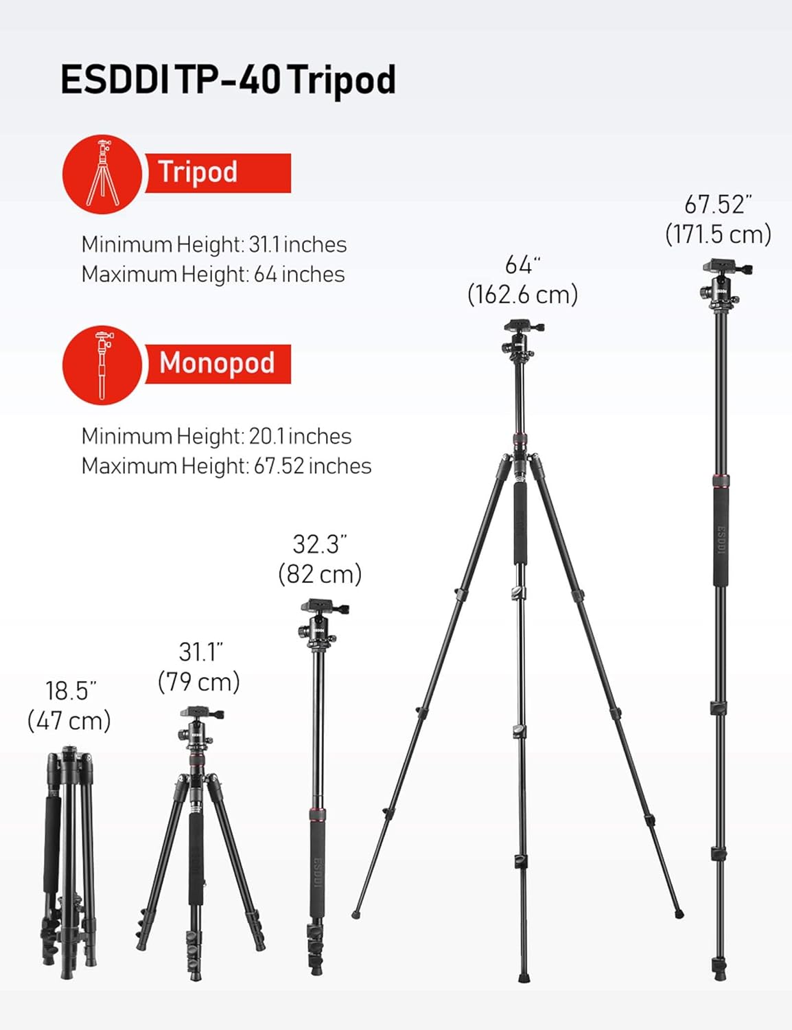 ESDDI Camera Tripod, DSLR Tripod with 360° Ball Head, 64" Aluminum Tripod with Monopod 1/4" Quick Release Plate and Phone Holder for Vlog, Travel and Work : Camera & Photo