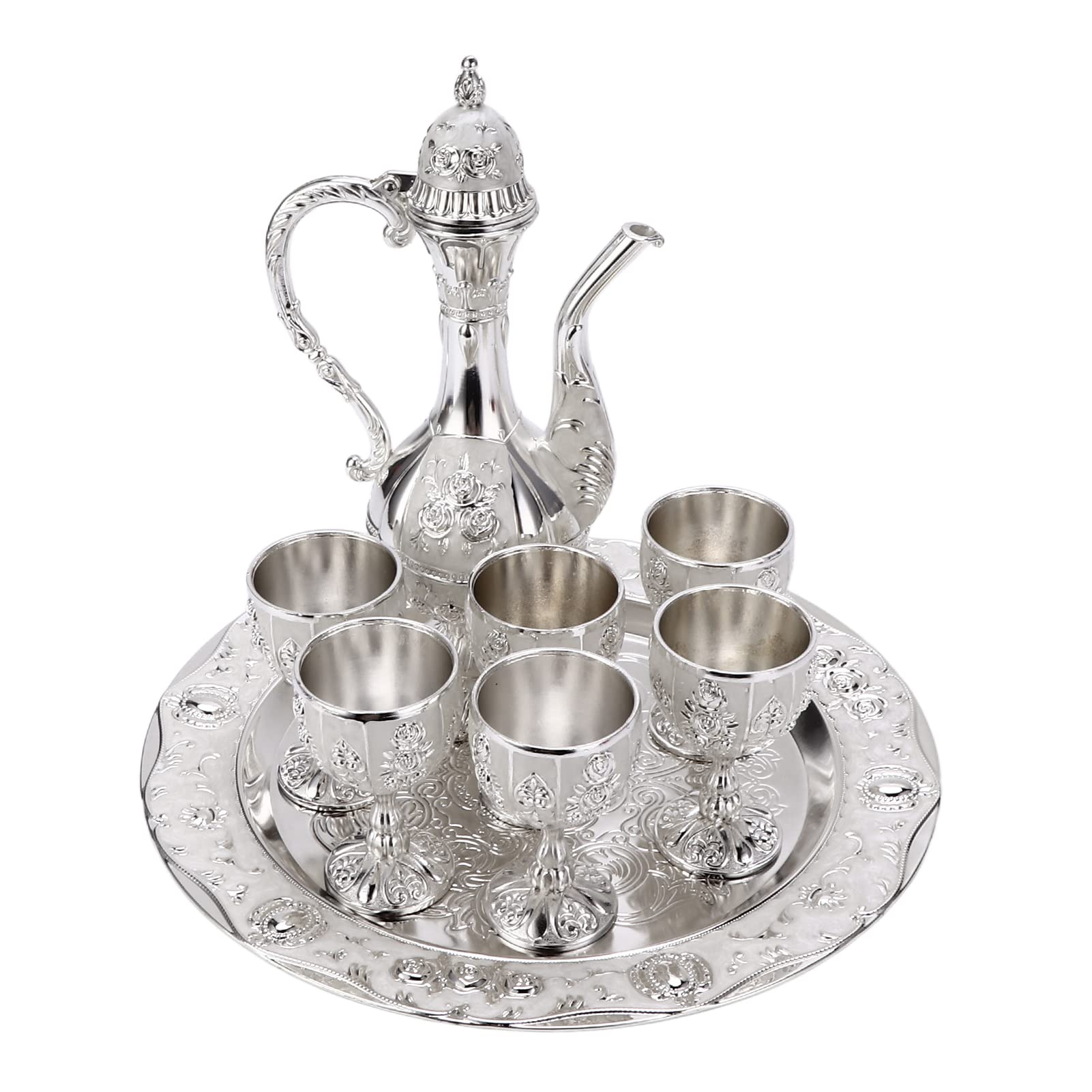 BHDK Vintage Exquisite Metal Metal Wine Glass Jug Set,Retro Turkish European Style Art Crafts Teapot Wine Pot Kit with 6 Luxury Coffee Cups & Craft Tea Tray for Serving Tea Coffee Cappuccino