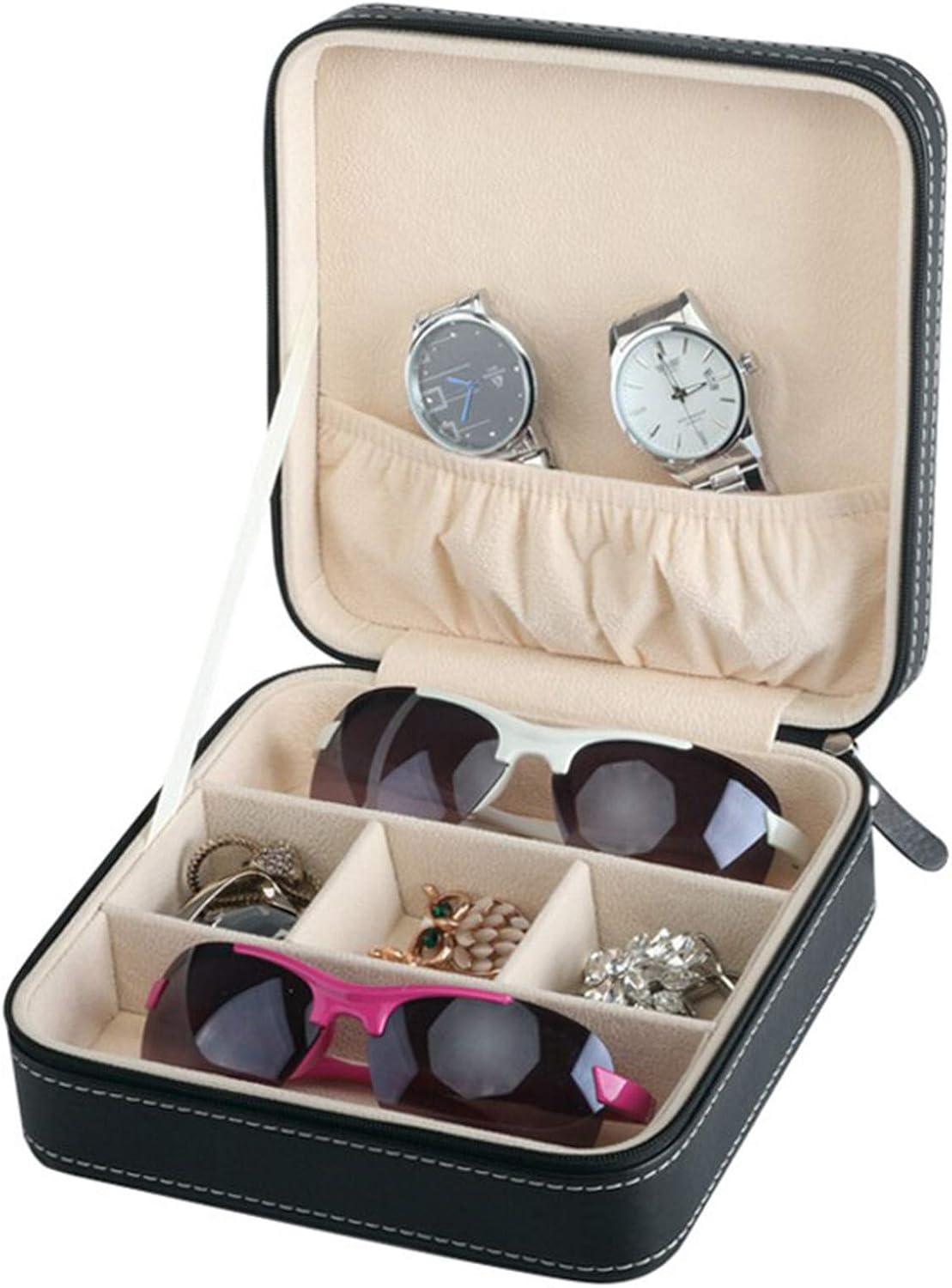 3 Slots PU Leather Eyeglasses Storage Box with Zipper
