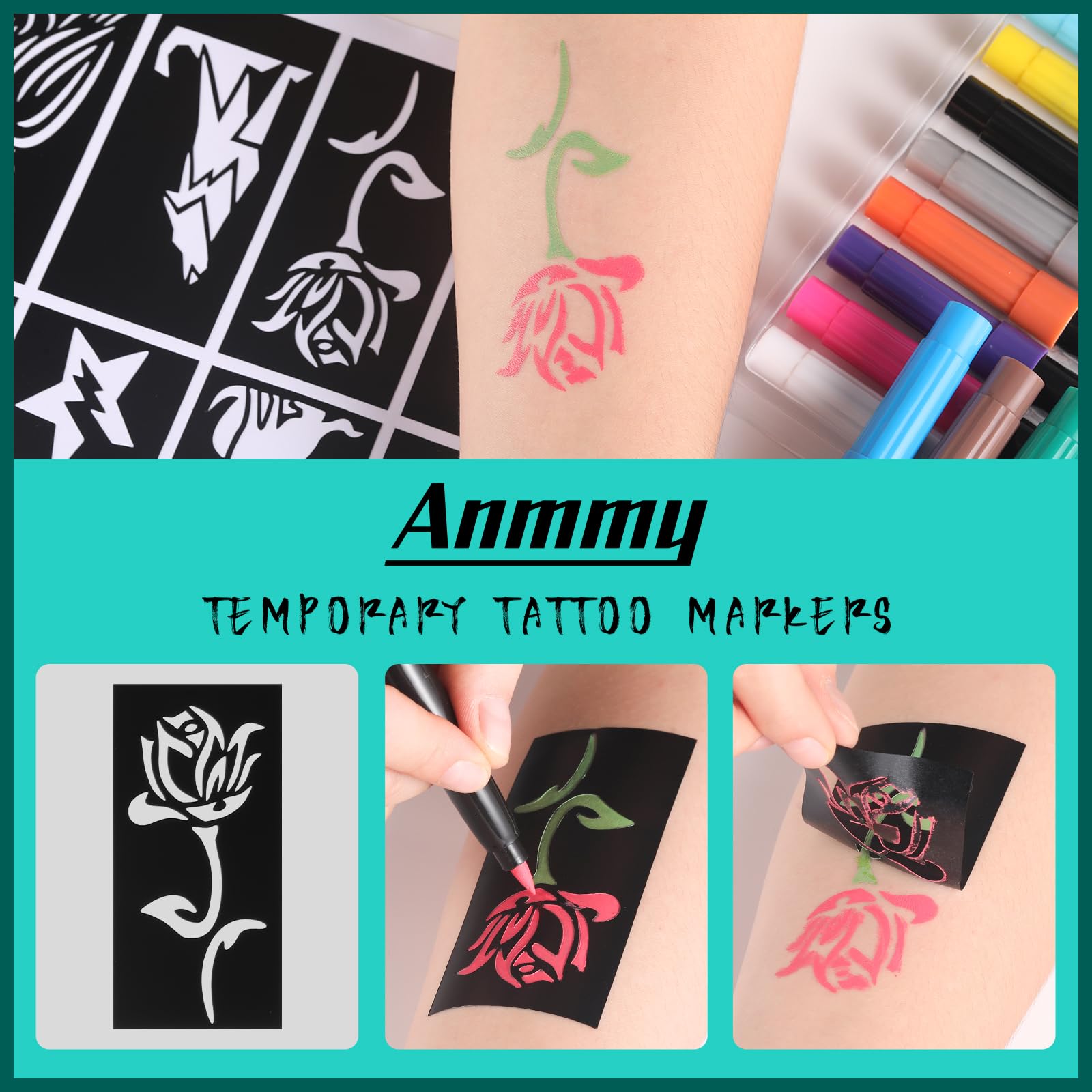 Temporary Tattoo Markers for Skin, 16-Count Body Markers+77 Large Tattoo Stencils of Assorted Colors for kids and Adults, Flexible Brush Tip, Bright colors, Skin-Safe*, Cosmetic-Grade.