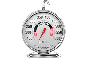 BOHK Large 2.36 Inch Dial Oven Thermometer with Bold Numbers Clear Toughened Glass Lens Hook Base Durable Stainless Steel Bod
