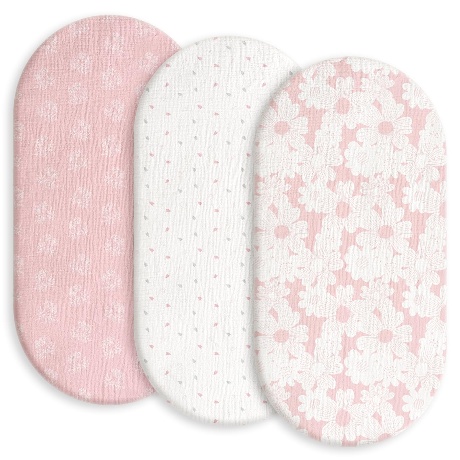 Photo 1 of Gllquen Baby Muslin Bassinet Sheets 3 Pack, Breathable Elastic Cozy Fitted Cotton Bassinet Mattress Sheet for Baby Boy Girls, Fit for Hourglass Oval Rectangular Cradle Pad Sheets 33"x17" (Pink)