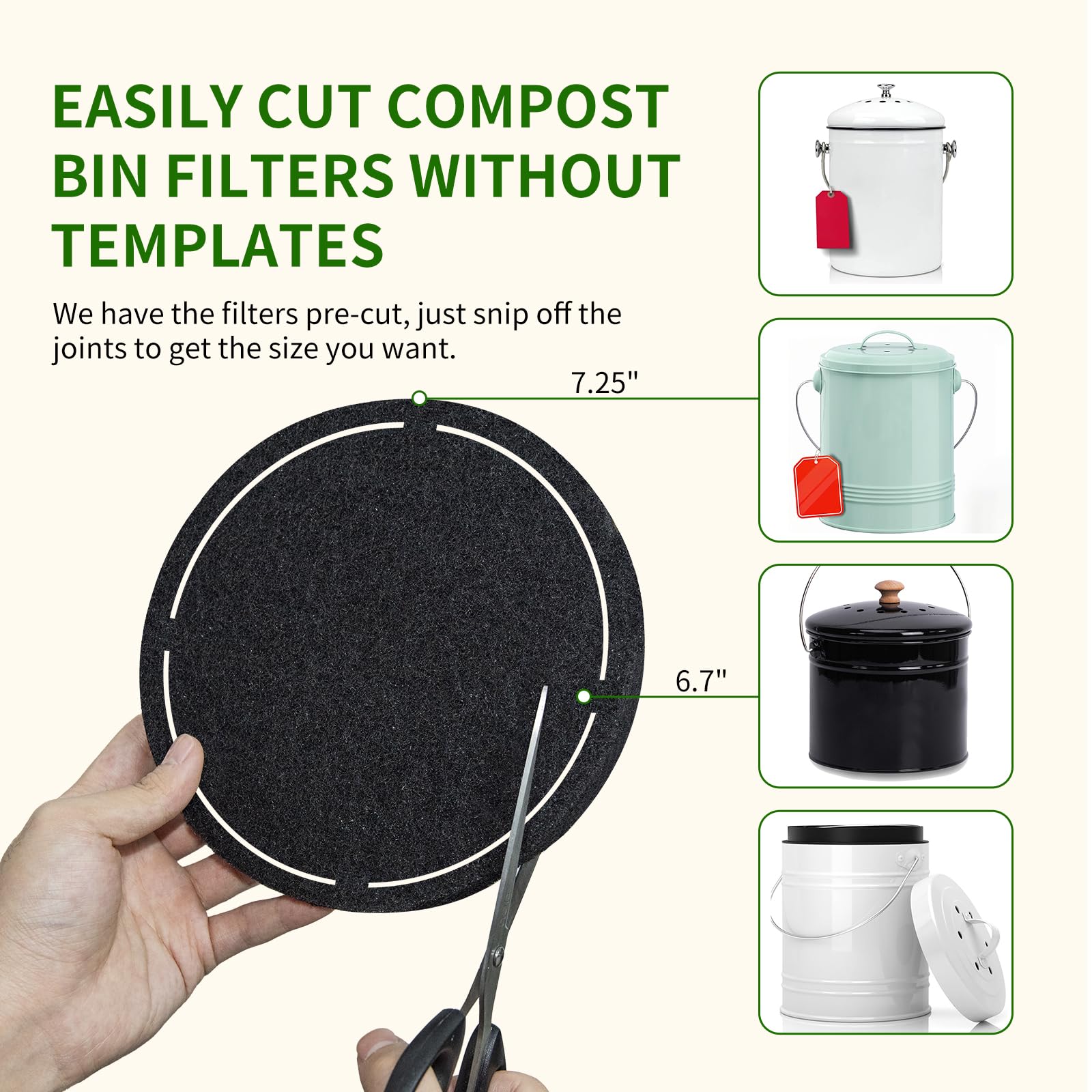 6.7 inch Kitchen Compost Bin Charcoal Filter Replacements, 12 Pack Compost Pail Replacement Carbon Filters 6.7 inch, Round Activated Compost Filters Countertop Bin Bucket
