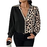 SweatyRocks Women's Plus Size Leopard Print Tops Long Sleeve Notched V Neck Tunic Loose Shirt Blouse