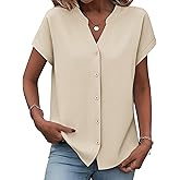 Zeagoo Button Down Shirts for Women Short Sleeve Tops V Neck Collar Blouses Business Casual Outfits S-2XL