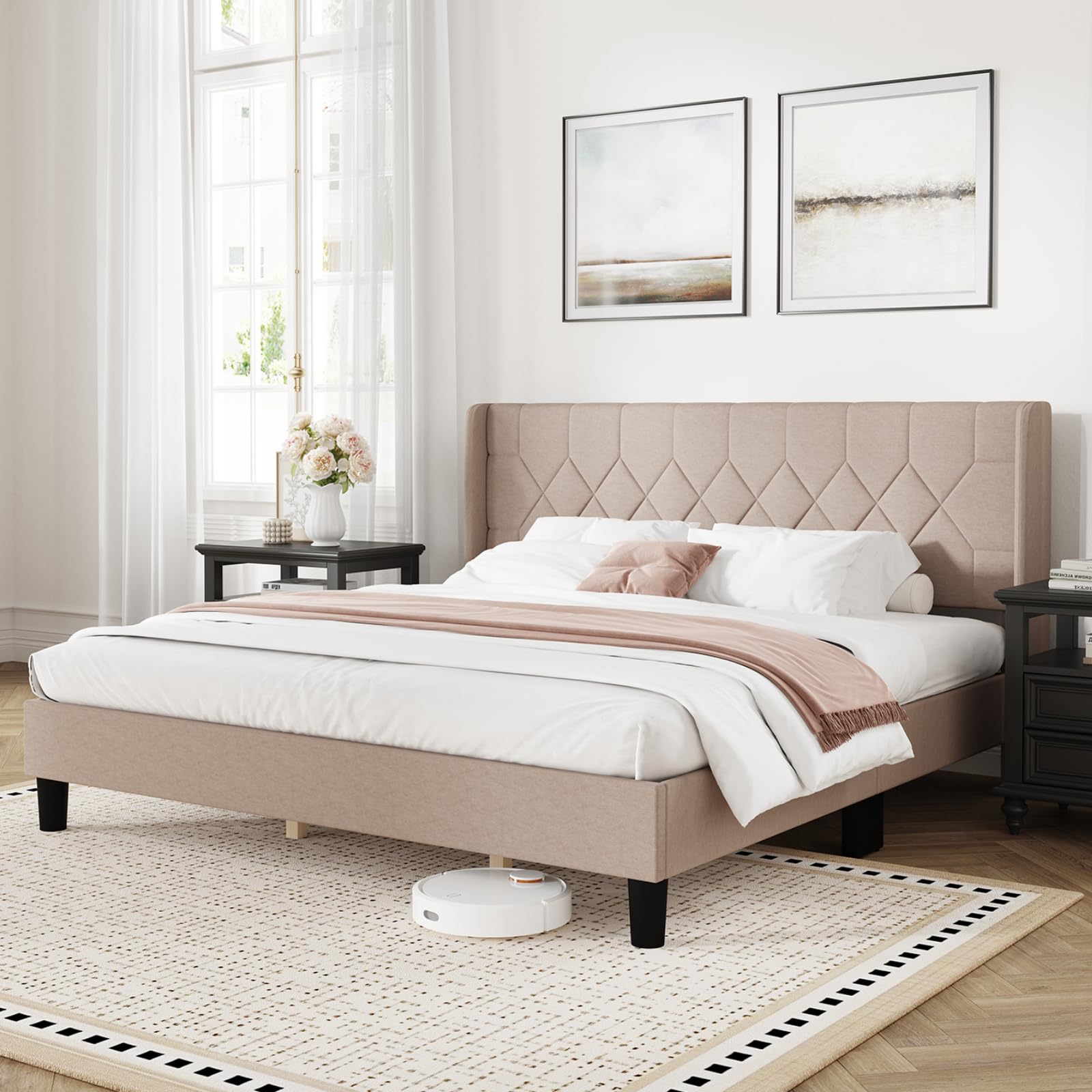 Photo 1 of **MISSING PIECES UNKNOWN**Novilla King Bed Frame, King Bed Frame with Headboard, Linen Upholstered Pull-Point Wing Side Headboard, No Box Spring Needed, Heavy Duty Feet, Easy Assembly, Beige