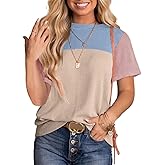 BLENCOT Women Tops Color Block Crewneck Casual Oversized Tshirts Knit Summer Tees Blouse S-2XL