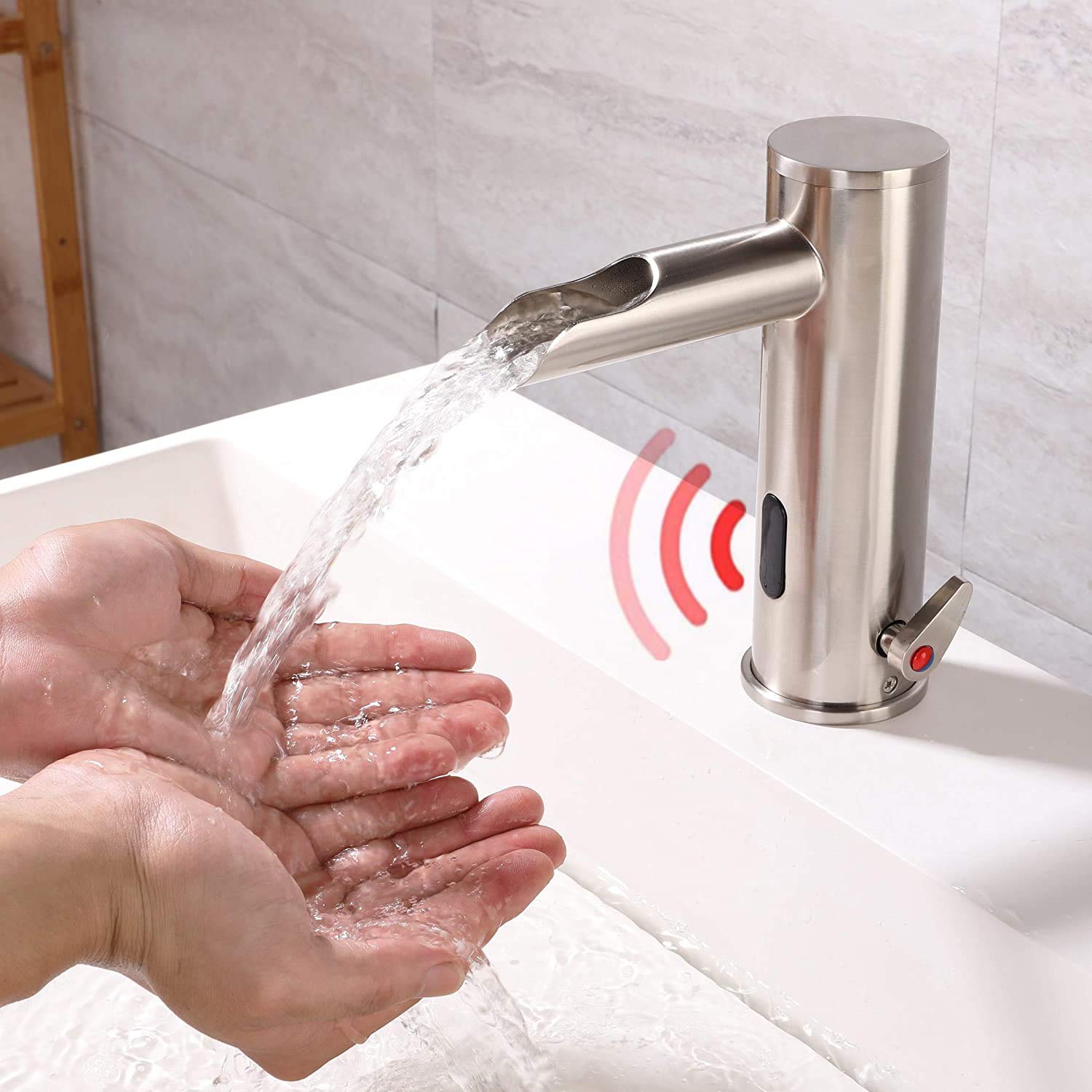 Touchless Electronic Automatic Sensor Hot & Cold Waterfall Spout Bathroom Sink Faucet in Brushed Nickel