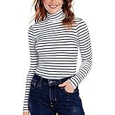 Zengjo Striped Turtleneck Women Long Sleeve Fitted High Neck Top Lightweight Soft Stretchy