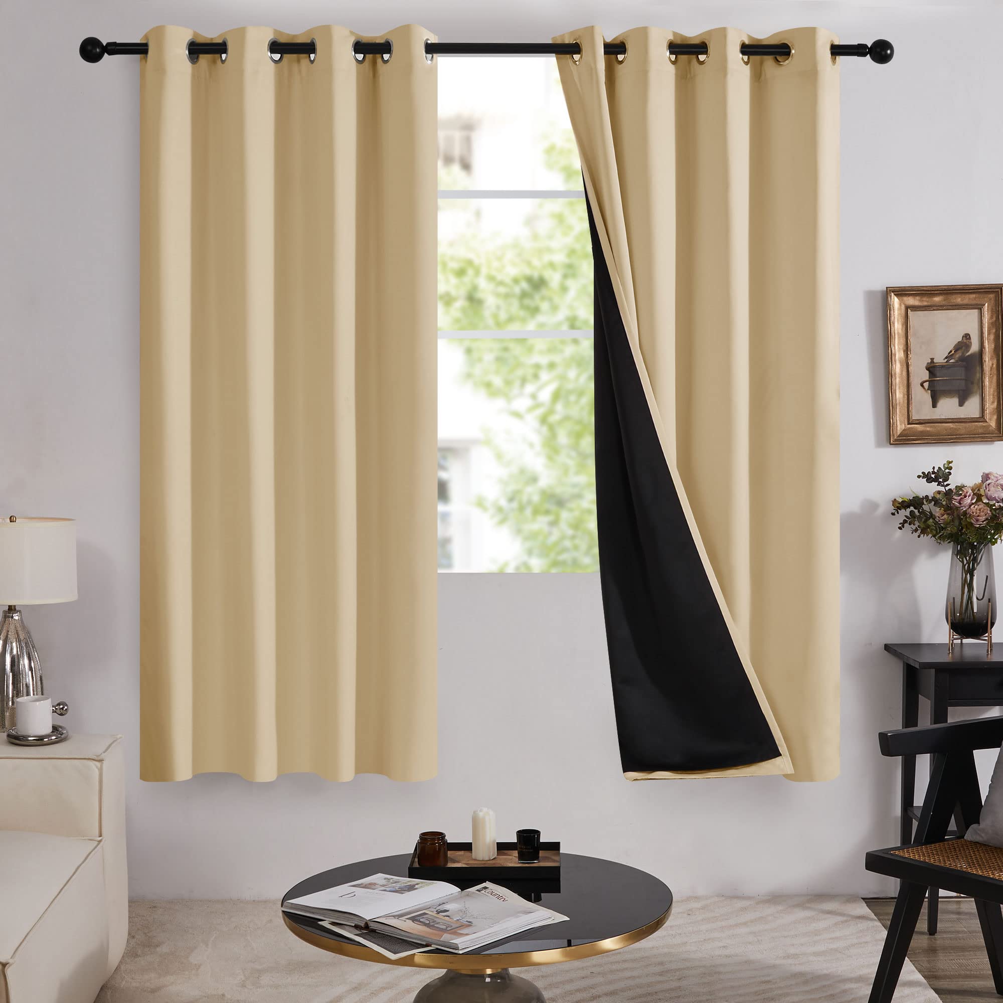 Photo 1 of Deconovo 100% Blackout Curtains with Liner, Thermal Insulated, Noise-Damping, Oeko-TEX Certified, Grommet Top, 2 Panels, Burlywood, 52W x 72L
