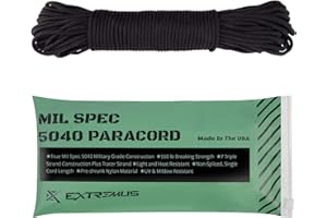 Extremus True Mil Spec 5040 Paracord, Made in The USA, Military Grade 550 lbs Breaking Strength, 7 Twisted Nylon Strands Plus Tracer Strand, UV Resistant, Color Fast, Black, 25 feet