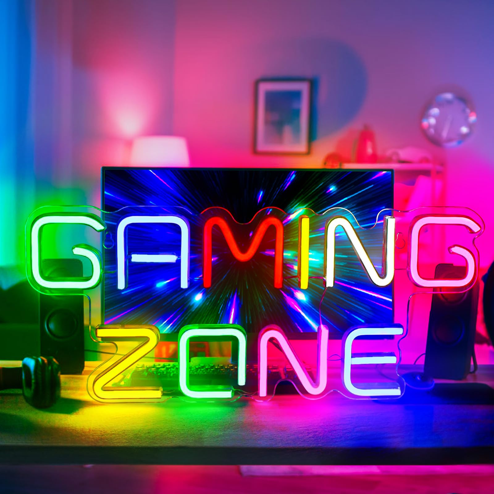 GAME ROOM Neon Sign, USB Powered Game Neon Light for Wall Decor LED Letter Neon Lights Decor for Game Room, Bedroom, Game Zone, Man Cave, Gifts for Gamers, Boys, Gaming Zone Icon (Game Zone)
