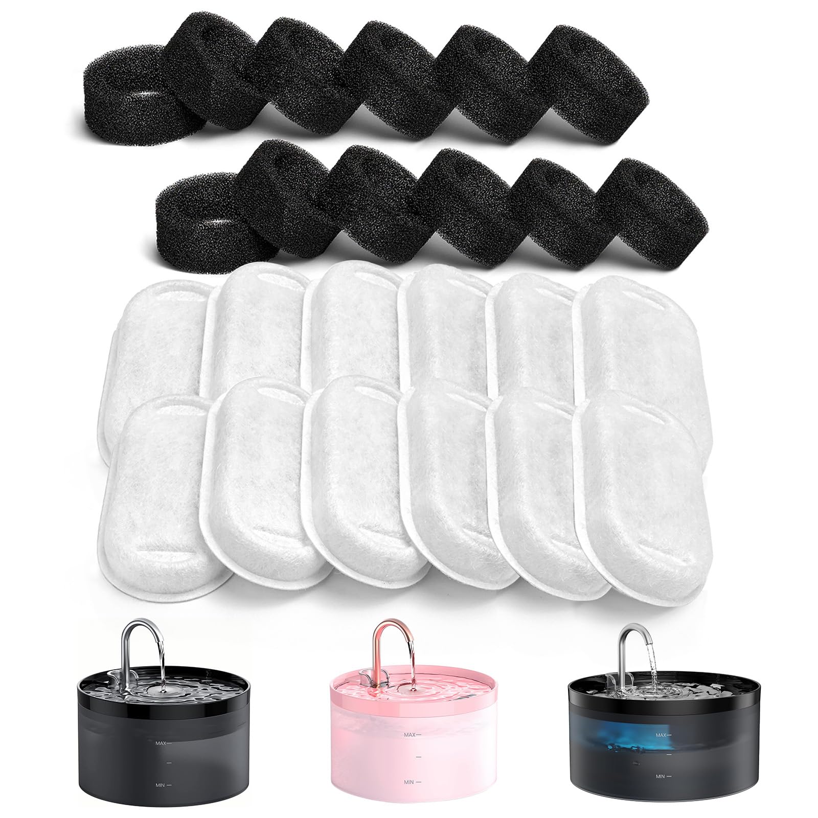 GIOTOHUN Cat Water Fountain Filters: 12 Filters + 12 Sponges - Triple Filtration for 2L Cat Fountain