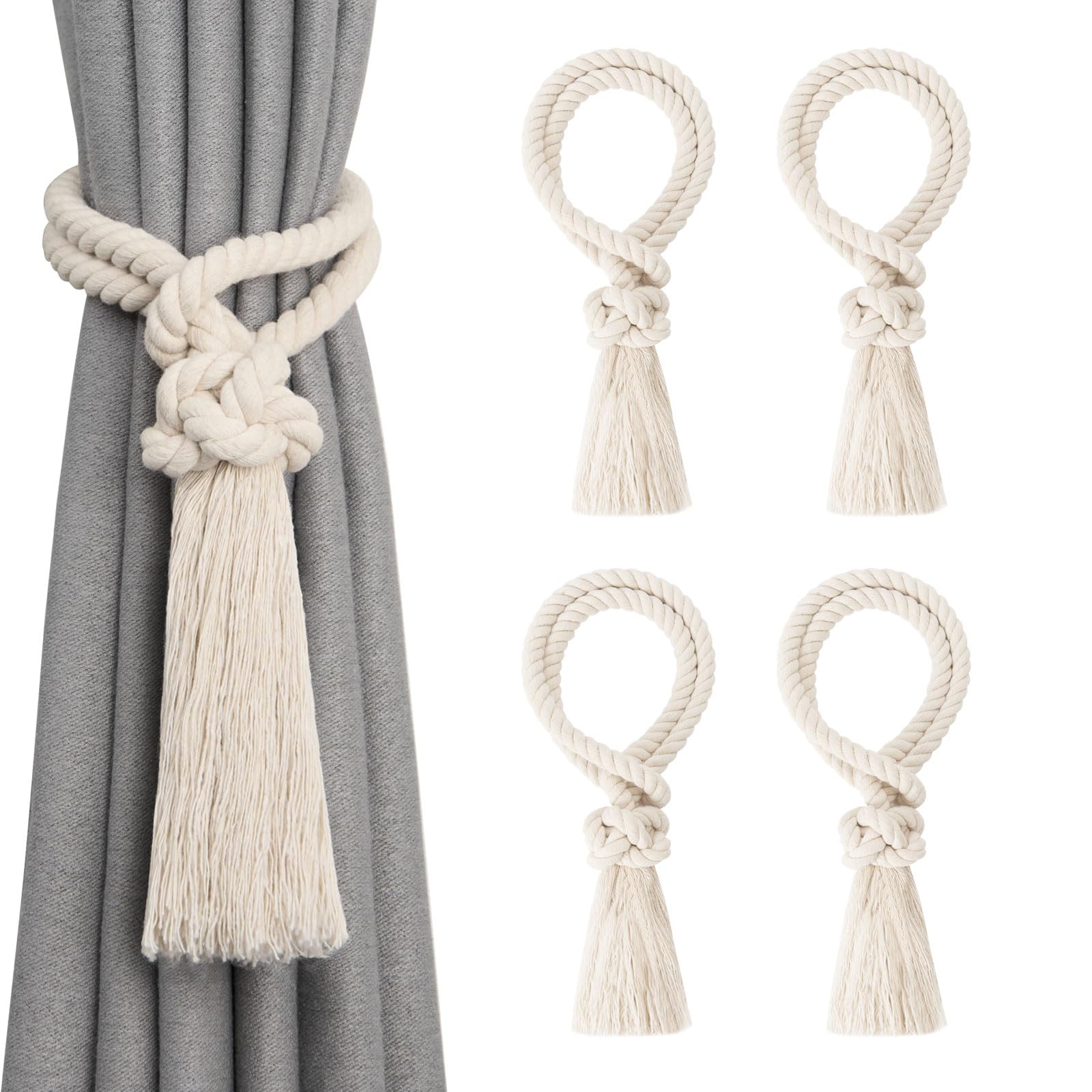 Pretty Jolly 4 Pack Natural Cotton Rope Tassel Curtain Tiebacks Boho Home Decor Drape Tie Backs Hand Woven Ball Curtain Holdbacks for Thin & Thick Home & Office Window Draperies (Beige)