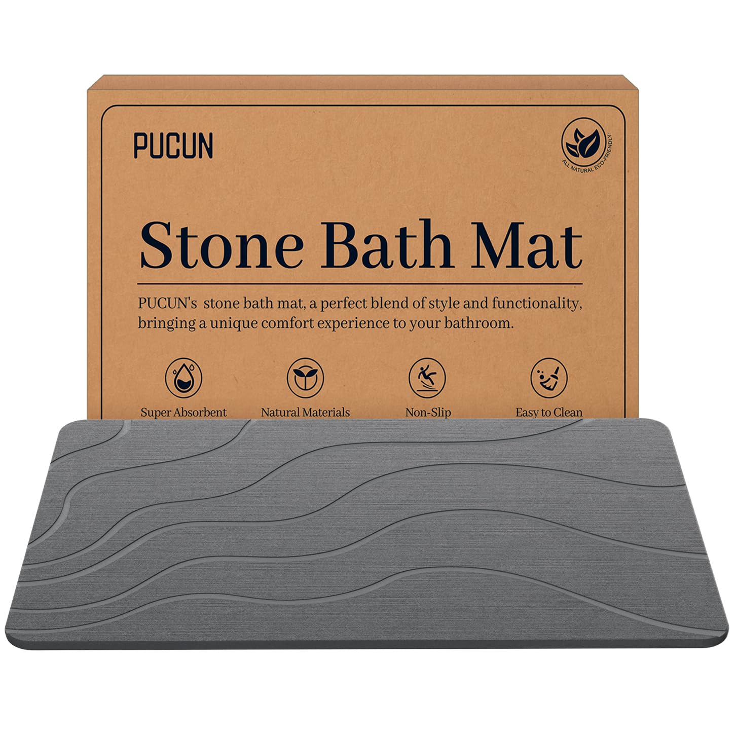 PUCUN Stone Bath Mat Diatomaceous Earth Non-Slip Shower Mat,Quick Drying Diatomite Bath Stone Mat for Bathroom Floor -Super Absorbent,Natural, Easy to Clean(24×16" Grey)