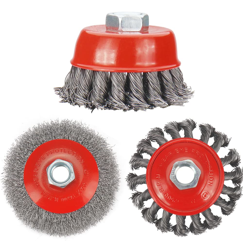 SI FANG 3Pcs Wire Wheel Brush Cup Brush Set 75/100mm, 5/8 inch-11 Thread Twist Knot Wire Cup Brush and Crimped Wire Brush Wheel, Coarse Carbon Steel for Angle Grinder Heavy Cleaning Rust Stripping
