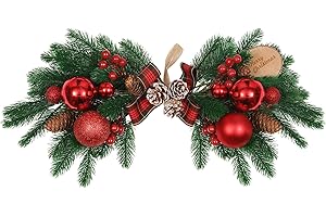 HiiARug Pine and Berry Swag, 21" Artificial Christmas Decorative Swags Xmas Door Swag with Red Berries Bow Knot for Front Door, Window, Mantels, Wall (Red)