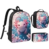 thmnj Axolotl Kid Backpack Set with Lunch Bag & Pencil Case Large Capacity School Bag 17 Inch Bookbag for Boy Girl