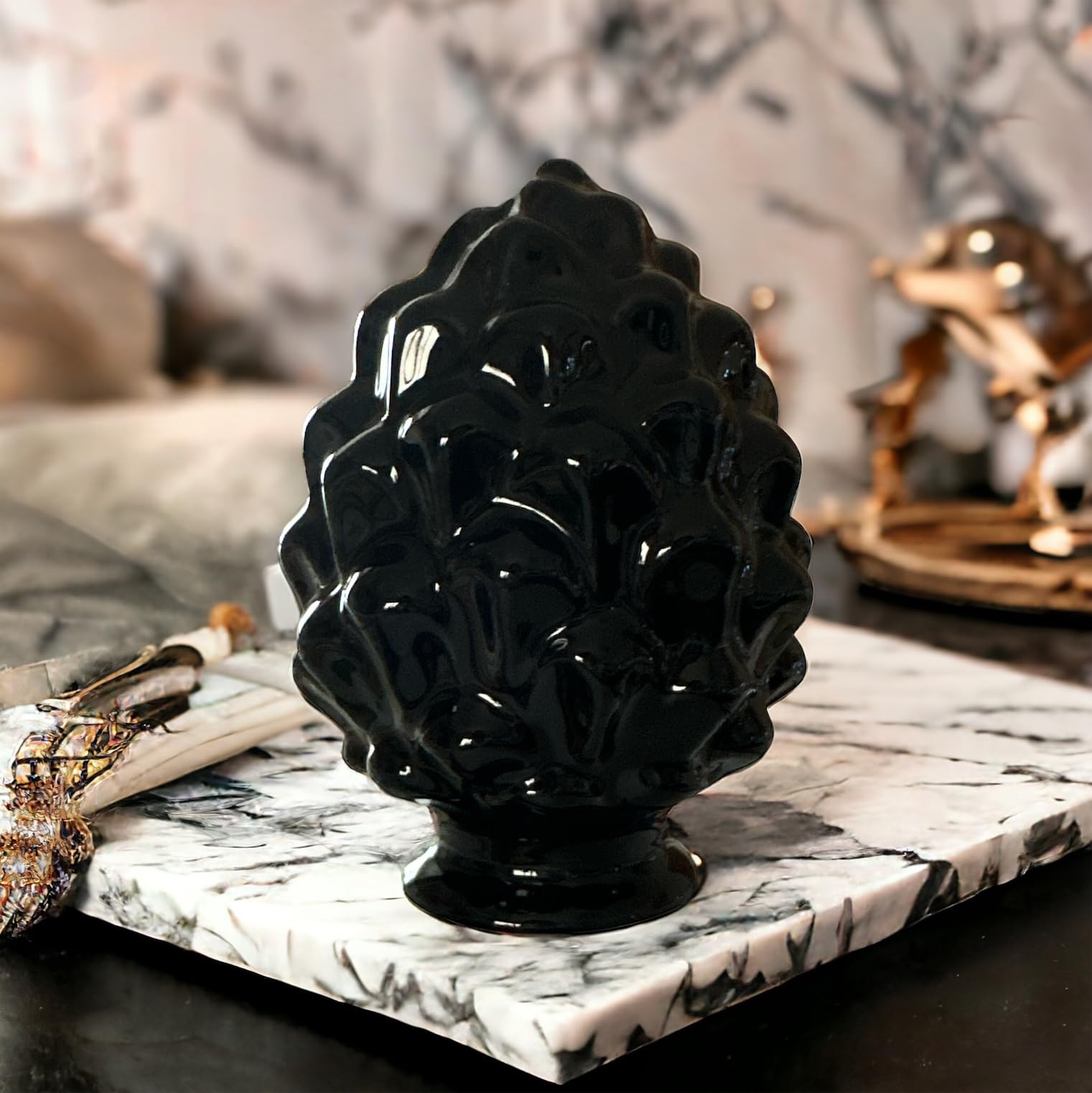 GMM Sicilian Pine Cone, Artistic Pine Cone, Classic, Modern, Decorative, Ornamental, Pinecone Ornament Sicilian Design, Typical Object, Favor 10 cm H (Ceramic-Black)