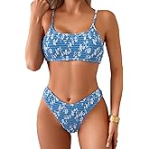 Fanuerg Women's Shirred Bikini Sets Scoop Neck Cheeky Two Piece Swimsuit Floral Print Bathing Suit