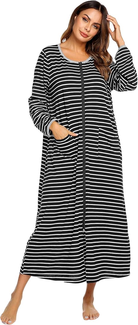 Ekouaer Women Long House Coat Zipper Front Robes Full Length Nightgowns With Pockets Striped Loungewear