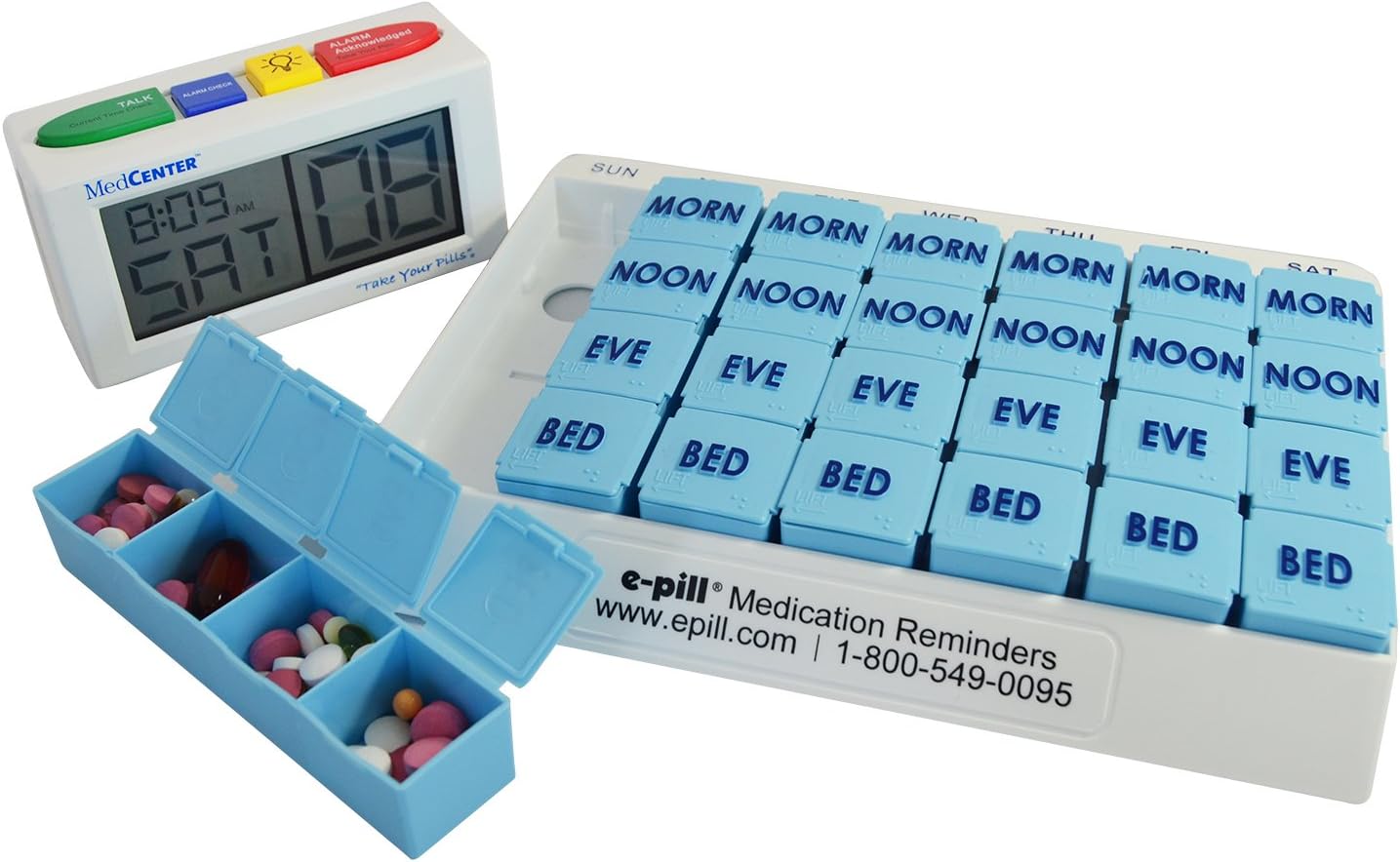 e-Pill 4 Alarm MedCenter Talk with 7 Day x 4 Compartments per Day Weekly Pill Organizer - Large: Health & Personal Care