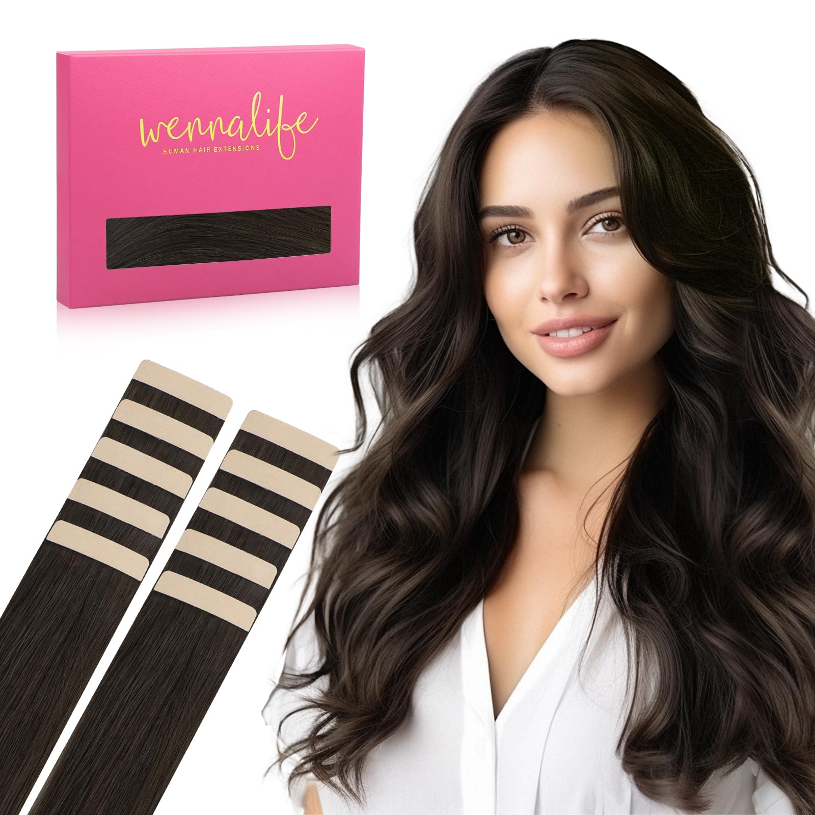 WENNALIFE Tape in Hair Extensions Human Hair, 20inch 10pcs 30 Dark Brown Real Human Hair Tape Extensions — image 1