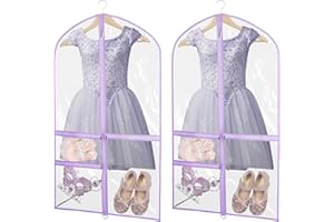Zilink Clear Dance Costume Garment Bag 40” Dance Garment Bags for Dancers Kids Garment Bag with 3 Clear Zipper Pockets，Set of 2 (Clear/Purple)