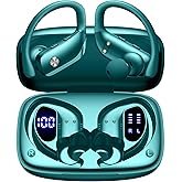 bmani Ear Buds Wireless Earbuds Bluetooth Headphones with 80H Playtime LED Display Case, Over-Ear Hook with Mic, Stereo Sound, Easy Button Controls, Sports Earphones for Running Workout Gym Green