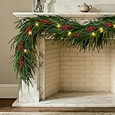 9FT Artificial Norfolk Pine Garland, Real Touch Winter Pine Holly Garland Faux Eucalyptus Garland Plant Led Lights Faux Christmas Red Berry Decor for Wedding Backdrop Arch Wall Decor