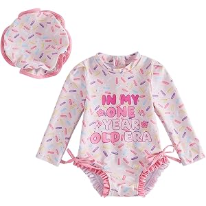 SHUING Baby Girl Swimsuit Rash Guard First Birthday Outfit Long Sleeve Bikini Romper and Hat 2pcs Swimswear Bathing Suit