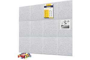 Large Cork Board for Walls, 12 Packs Silver Gray Felt Wall Tiles with 35 Pushpins, 48" X 36" Large Bulletin Board, Removable 
