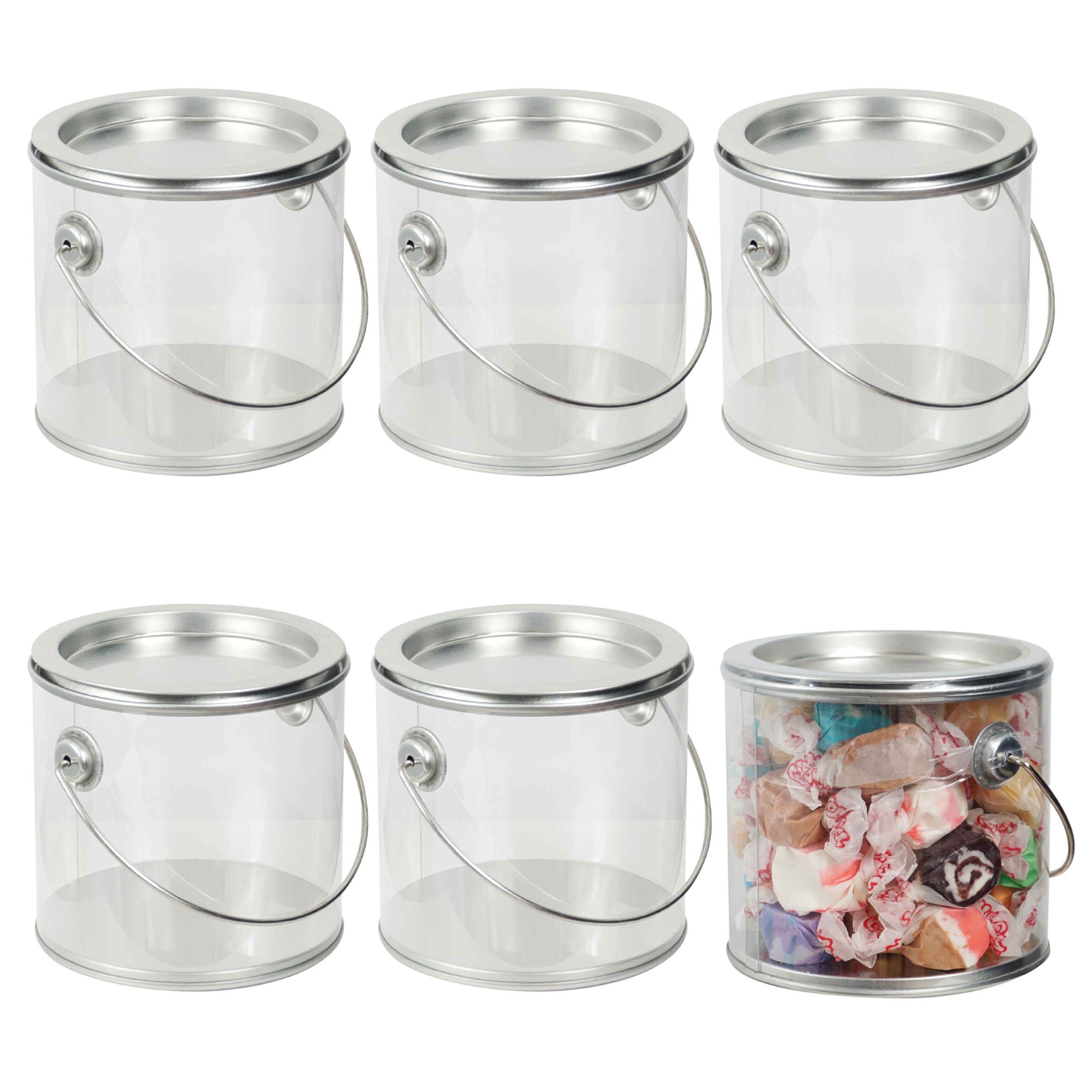 Photo 1 of 6-Pack Mini Clear Plastic Paint Cans, 4" Tall, Miniature Jars for Arts, Crafts & Party Favors