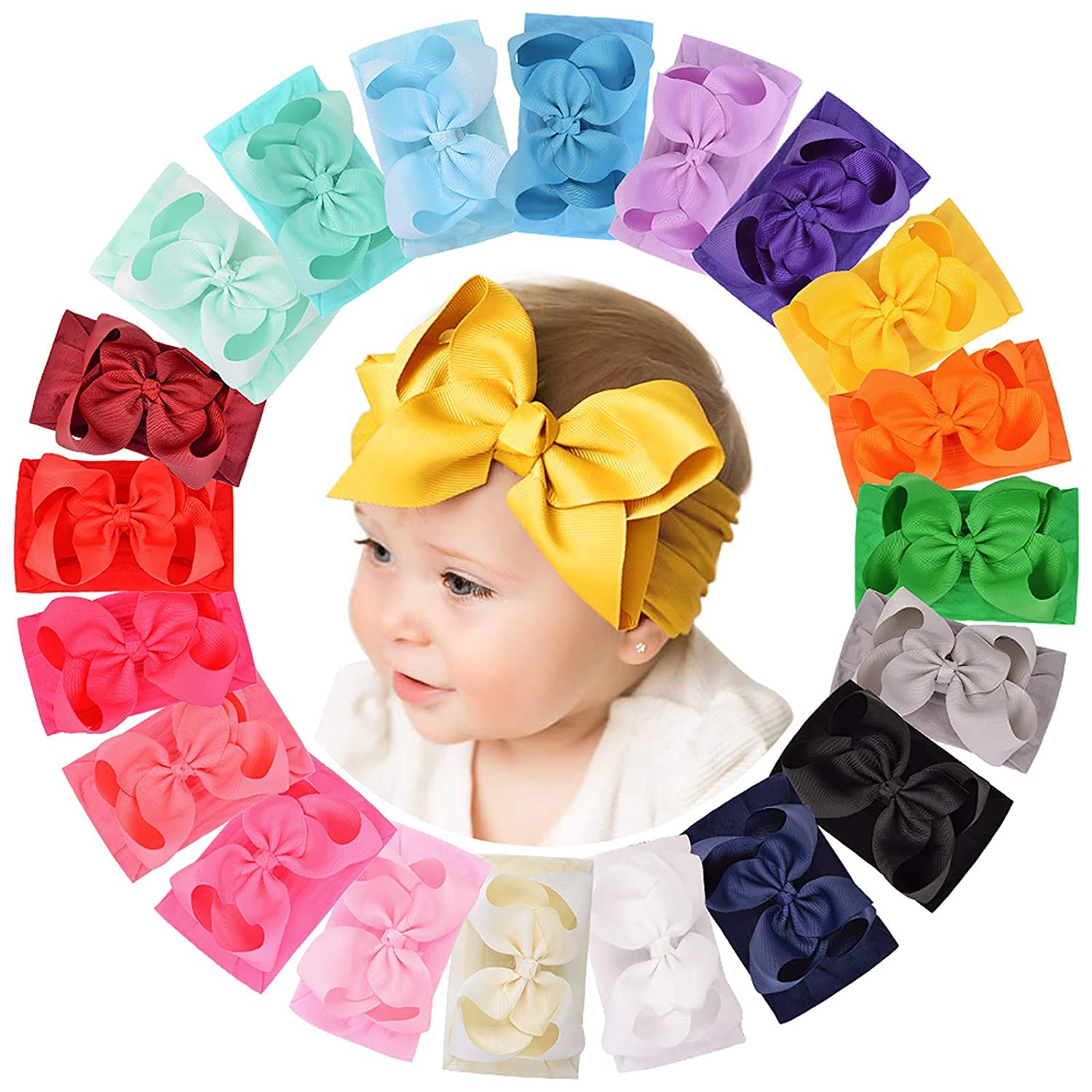 Dooboi 20pcs Baby Girls Bows Headbands Nylon Hairbands Ribbon Bow Elastic Hair Accessories for Newborns Infants Toddlers and Kids