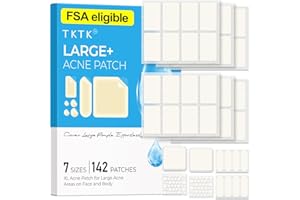 TKTK Large Pimple Patches for Face, 7 Sizes Big Acne Patches, FSA Eligible XL Hydrocolloid Bandages for Body, Chin, Forehead, Nose, Blemish Zit Breakouts, Hydrocolloid Patch (Square, Strip, Dot 142 Count)