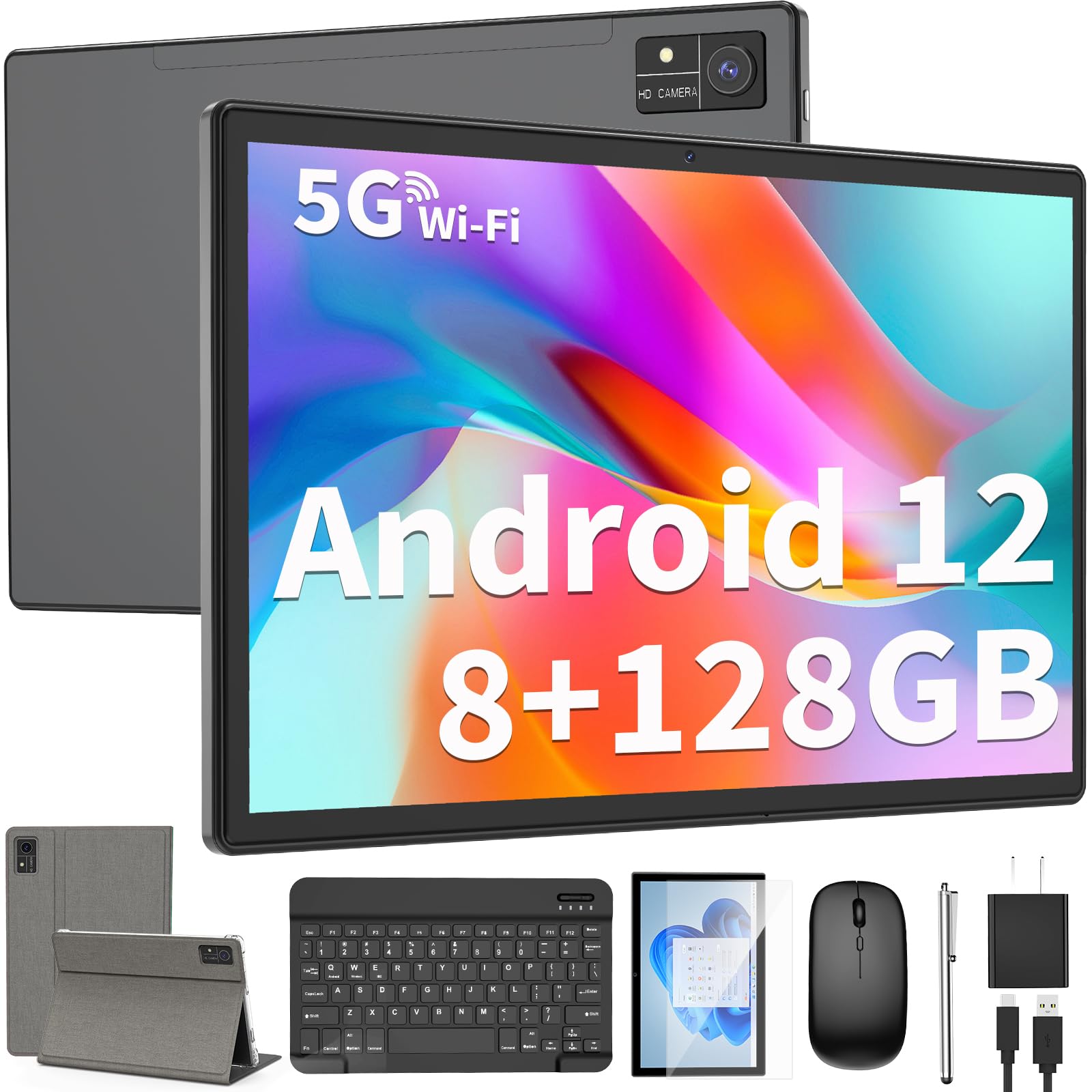 YOBANSE Android 14 Tablet with Keyboard - 10 inch Tablet, 12GB RAM, 128GB ROM (1TB Expand), 5G/2.4G WiFi, 8000mAh, BT 5.0, GMS Certified, with Mouse, Case, Stylus, Support Split Screen