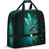 Glass Dragonfly Green Foldable Travel Duffel Bag Tote, Abstract Dragonfly Lightweight Luggage Sports Gym Bag with Shoes Compartment Weekender Overnight Bag for Women & Men