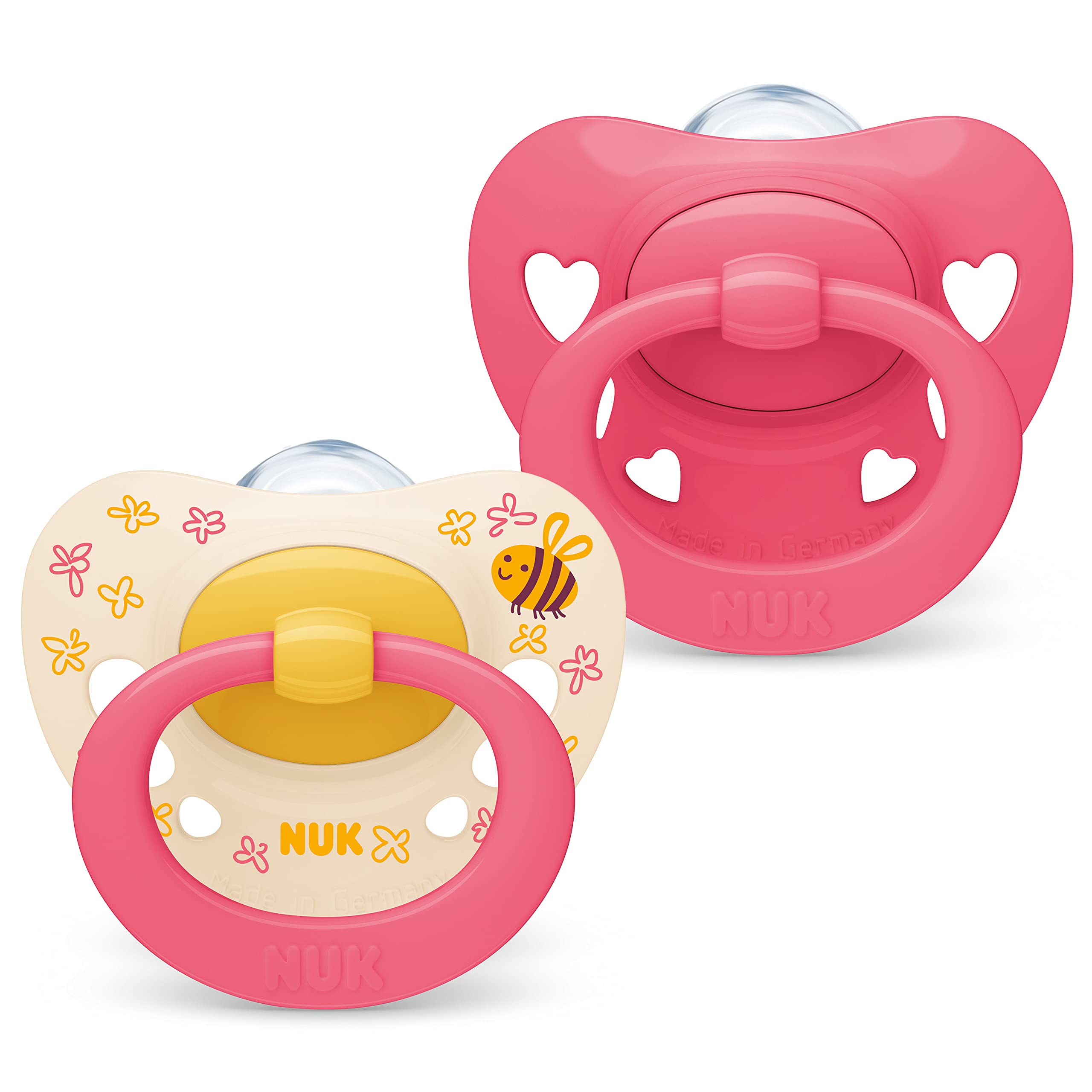 NUK Signature Baby Dummy | 18-36 Months | Soothes 95% of Babies | Heart-Shaped BPA-Free Silicone Soothers | Includes Case | Pink Hearts | 2 Count
