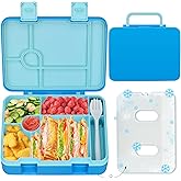 Kids Bento Lunch Box with Ice Pack, 5 Compartments Leak-Proof Bento Box with Utensils, 5.5-Cup Capacity for Adults & Ages 8+, BPA Free, Microwave & Dishwasher Safe, Blue