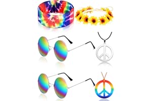 Frienda Hippie Costume Set, Hippie Sunglasses, Peace Sign Necklace and Tie Dye Headband for 60s 70s Accessories