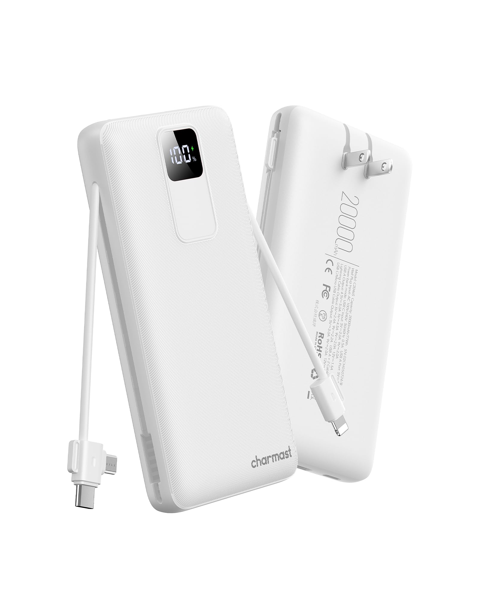 charmast 20000mAh Portable Charger with Built-in Cables & Wall Plug, 20W USB C Power Bank, Fast Charging Battery Pack Travel Essentials Compatible with iPhone 16/15/14 Series, Samsung, Google, iPad
