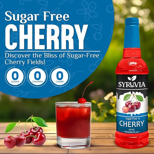 SYRUVIA SUGAR-FREE CHERRY SYRUP, FLAVORED SYRUP FOR DRINKS, COCKTAILS, LEMONADES, ICED TEAS, AND DESSERTS – 25.4 FL OZ